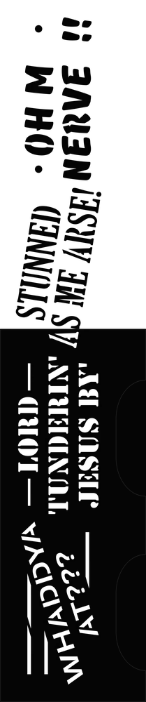 A black, laser-cut steel fire pit with a cylindrical shape, featuring cutouts of Newfoundland sayings like 'Oh Me Nerves' and 'Lord Tundering Jesus'. Painted black, it stands on a flat base for outdoor use, showcasing its intricate design.